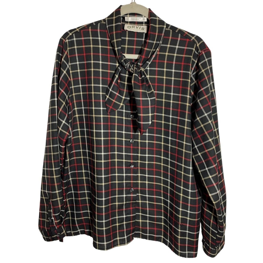 Orvis Women's Size 16 Black Plaid Classic Lightweight Modest Necktie Blouse